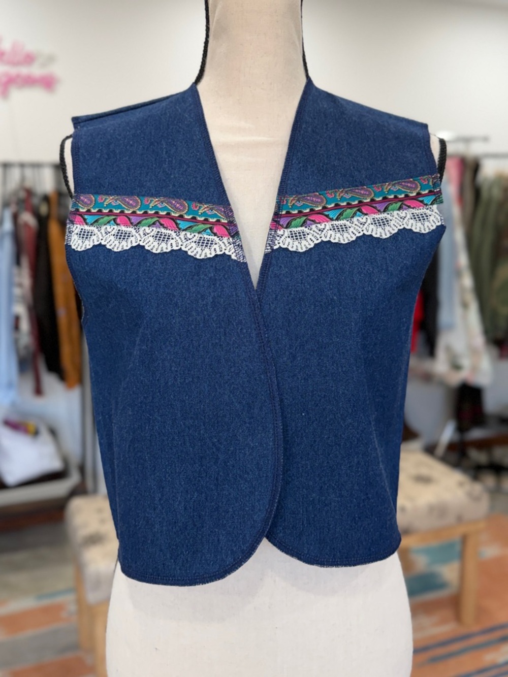 Vintage Handmade Denim Vest with Lace &  Colorful Trim